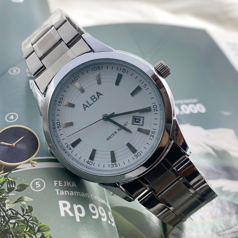 Bisa COD!!Jam Tangan Fashion Pria Alba - Tali Rantai Stainless Steel - Fitur Tanggal Aktif