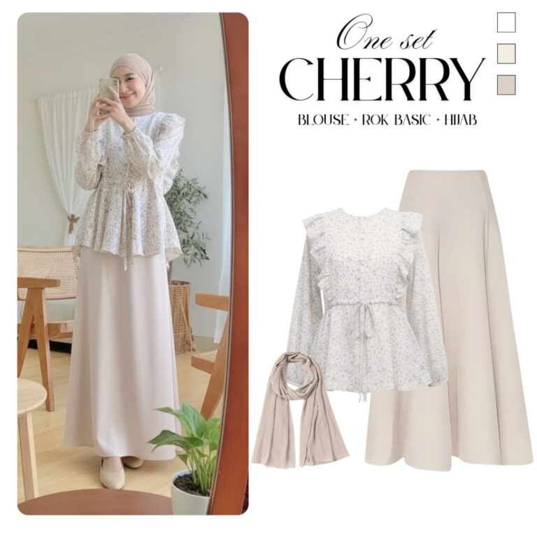 One Set Wanita Kekinian ( Blouse Ruffle Motif+ Rok Basic+ Pasmina ) Setelan Outfit Hijab Cherry OOTD