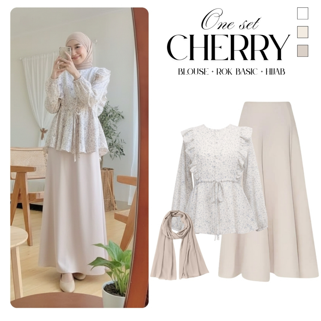 One Set Wanita Kekinian ( Blouse Ruffle Motif+ Rok Basic+ Pasmina ) Setelan Outfit Hijab Cherry OOTD