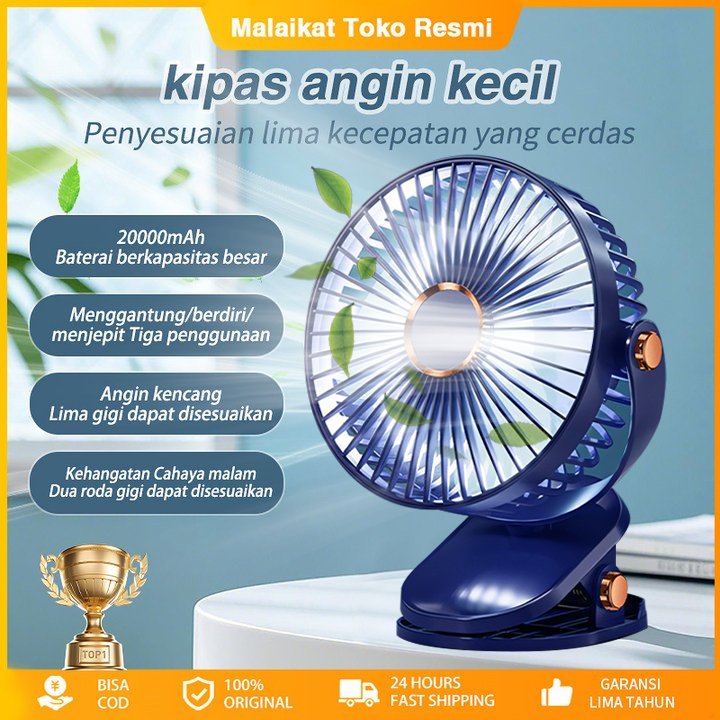 Kipas Angin Klip 30000mAh Desktop Kipas Angin Isi Ulang dengan Lampu Malam Bisu Umur Panjang Kipas Angin Clip 720° Rotating