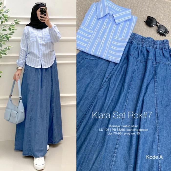 Setelan Rok Jeans Plus Kemeja Viral Set Rok Kekinian Set Kemeja Salur