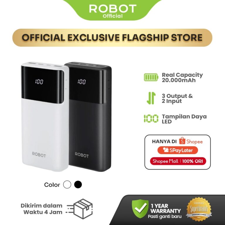 ROBOT Power Bank 20000mAh Fast Charging 15W RT22S - 3 Port Output LED Indicator, Bisa Isi 4 Gadget Sekaligus, Garansi 1 Tahun