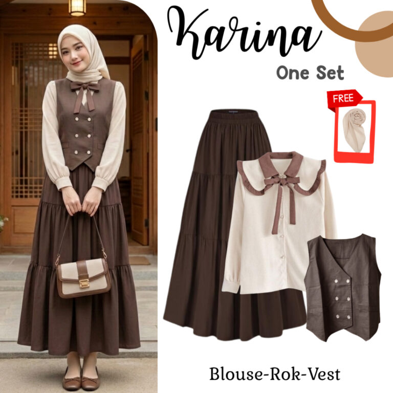 Karina One Set Wanita Hijab Kekinian (Vest, Blouse, Rok Susun) Outfit Hangout Daily Elegan - KA125