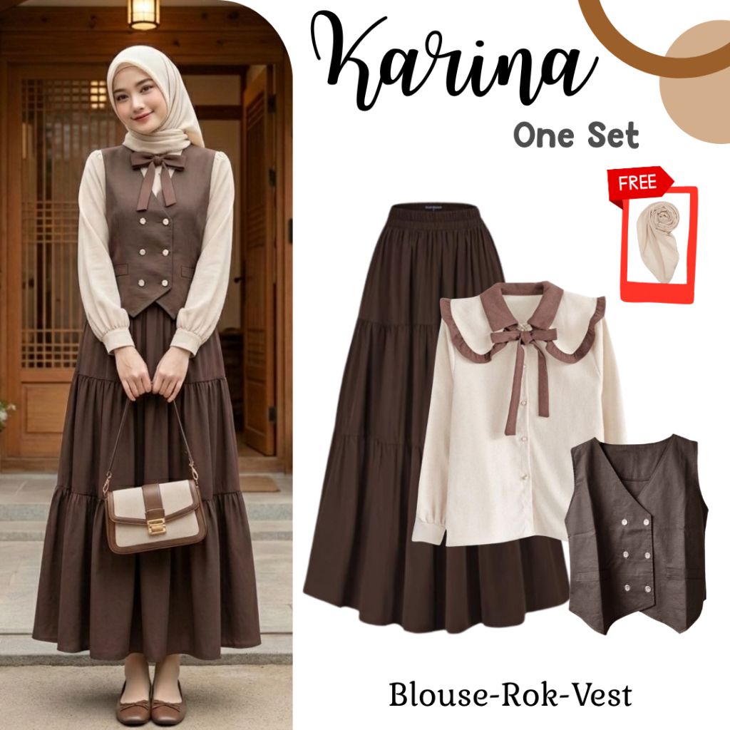 Karina One Set Wanita Hijab Kekinian (Vest, Blouse, Rok Susun) Outfit Hangout Daily Elegan - KA125